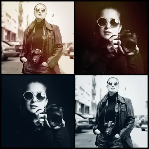 Vierbildige monochrome Fashionserie einer Frau mit runder Sonnenbrille und Vintage-Kamera; Wiederholung und grafisches Styling formen eine unverwechselbare kreative…