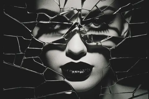 Grafisches Schwarz-Weiß-Konzeptporträt eines Gesichts hinter zersprungenem Glas; scharfe Spiegelungen und dunkler Lippenstift untersuchen Identität, Fragmentierung und…